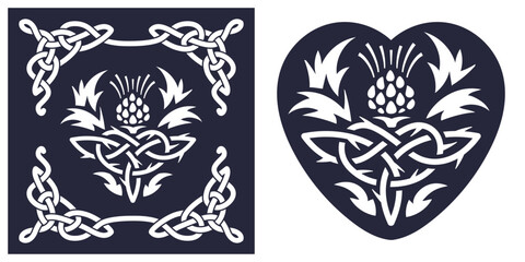 Celtic thistle pattern with heart and knot design. Laser cut template, stencil, decorative panel or cover. Suitable for cutting paper, cardboard, plastic, acrylic. Black and white cutting silhouette