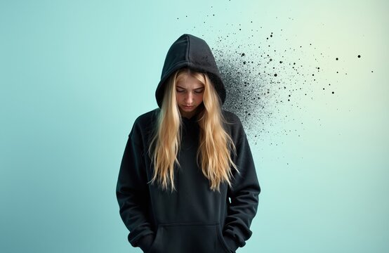 Sad teen girl stands in dark hood. Female with long hair looks down. Concept of depression stress frustration problem and mental health in troubled adolescence. Copy space for text or design. - Powered by Adobe