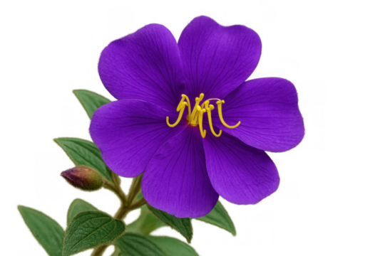 Princess flower with vibrant purple petals and yellow stamens, blooming with green leaves, transparent background
