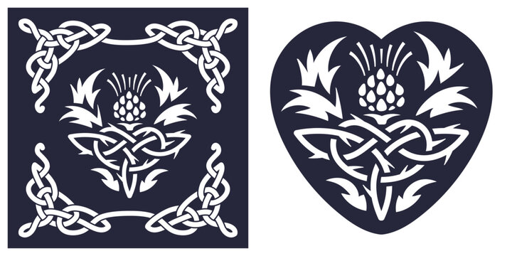 Celtic thistle pattern with heart and knot design. Laser cut template, stencil, decorative panel or cover. Suitable for cutting paper, cardboard, plastic, acrylic. Black and white cutting silhouette