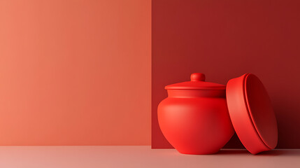 A red pot with an adjacent lid stands against a split background of reddish hues, creating a minimalist yet striking composition. The pot and lid are the focal point.