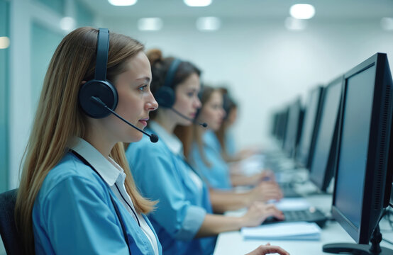 Team of female operators with headsets working at computers in a bright medical support center. People focus on tasks, assist clients, and communicate via phone. This scene shows teamwork and service.