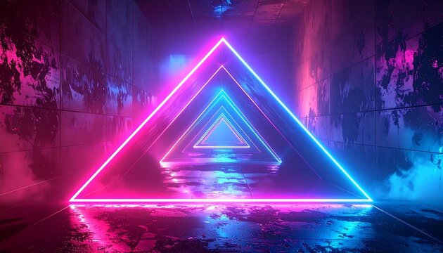 Glowing neon triangle tunnel in a grungy, dark space with blue and magenta lighting, creating a futuristic vibe