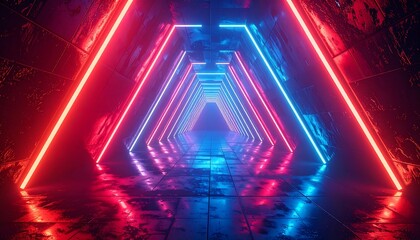 Glowing neon triangle tunnel with textured walls in hues of red, blue, and purple