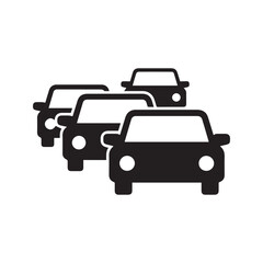 Traffic Jam Icon, Cars Congestion Symbol, Black Vehicle Silhouette on White Background
