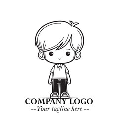 Black and White Chibi Boy Illustration with Jacket and Boots in Bold Thick Line Art Minimal Style