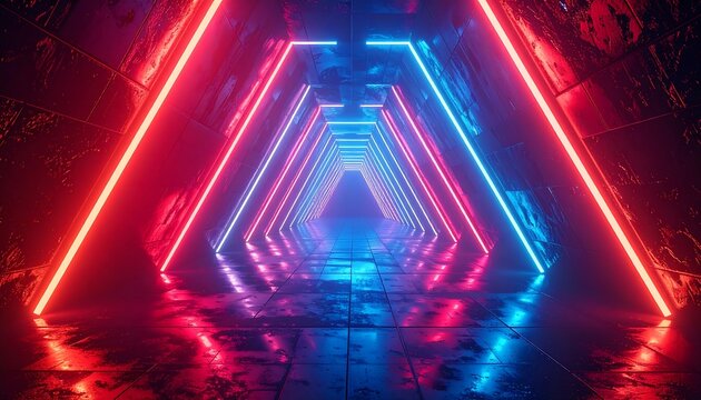Glowing neon triangle tunnel with textured walls in hues of red, blue, and purple