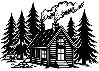 Fototapeta premium Vector silhouette of a rustic log cabin in a forest with smoke rising from the chimney