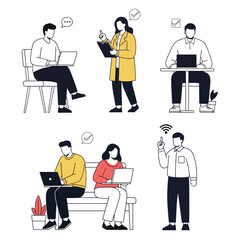 Illustrations of people working on laptops and holding clipboards.
