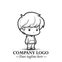 Black and White Chibi Boy Illustration with Jacket and Boots in Bold Thick Line Art Minimal Style