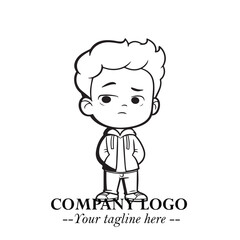 Black and White Chibi Boy Illustration with Jacket and Boots in Bold Thick Line Art Minimal Style