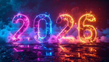 Glowing neon year "2026" with blue/pink hues on the left and orange/yellow on the right, atop a reflective surface
