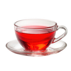 Clear glass teacup filled with vibrant red liquid on a matching saucer isolated on transparent background