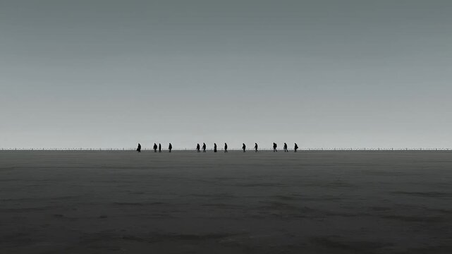 A determined group journeys across a vast, open landscape under a serene sky, each silhouette a testament to their shared path and collective purpose.