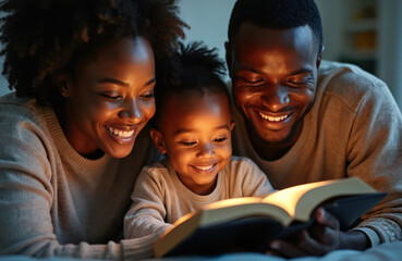 Black family reads a book at home. Mother, father, and child smile, enjoying the story in cozy evening light. They share a happy moment, learning, bonding, showing family love and strong unity.