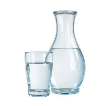 Clear glass sake decanter and small tumbler filled with clear liquid isolated on transparent background