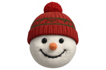 Snowman head wearing red knitted hat, smiling face, holiday season, winter mascot, transparent background