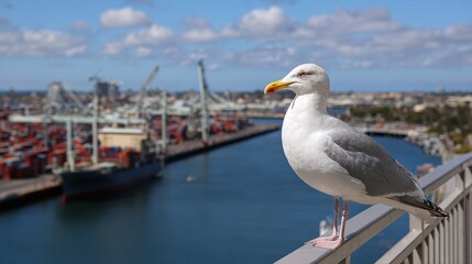 A seagull perches on a railing, overlooking a bustling harbor. The sea bird enjoys the sunny weather and the scenic view, bringing nature to an urban landscape.