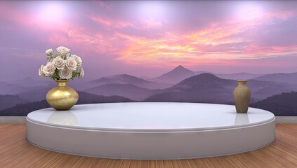 Stage with vases and flowers before sunset mountains.