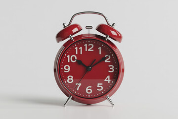 A round alarm clock stands on a white background.