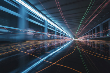 A trail of many multi-colored lines left by fast-moving objects.