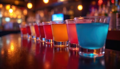 Row of small colorful shooter cocktails lined up on bar counter at night. Various alcoholic drinks in glasses are ready for party, creating vibrant, fun atmosphere. Enjoying celebration with friends.