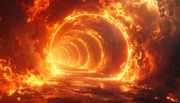 Glowing orange and yellow portal-like ring surrounded by swirling clouds and light