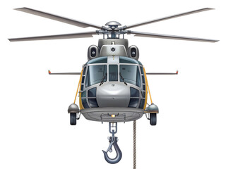 Front view of a helicopter with a hook isolated on transparent background