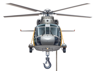 Front view of a helicopter with a hook isolated on transparent background