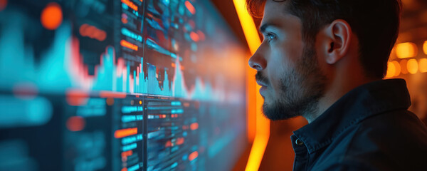 Man looks at digital data patterns on screen with orange and blue neon lights. Pro observes futuristic cyber world with high-tech business processes. Data analytics visualized on computer dashboard.