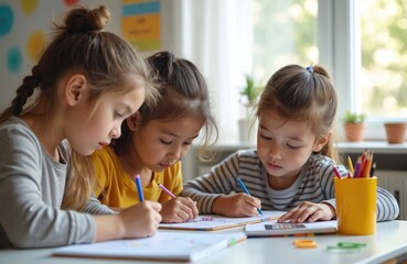 Diverse young girls concentrate on drawing and writing in notebooks at a table. Children collaborate on art project in classroom. Learning, creativity, and teamwork in school.