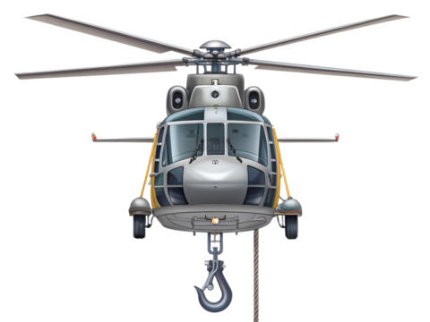 Front view of a helicopter with a hook isolated on transparent background