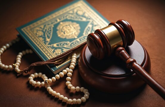 Islamic Koran book and gavel on wooden block. Prayer beads on leather surface. Sharia law concept. Justice and jurisprudence in Islam. Islamic tradition and spirituality. Brown background.