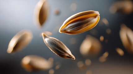 A close-up showcases flax seeds with their golden outer shells, set against a blurred gradient backdrop. This image emphasizes the seeds' rich texture and nutritional value.