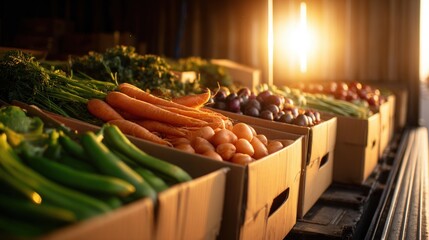 Fresh vegetables displayed in boxes at a market, illuminated by warm sunlight, creating a vibrant and inviting scene.