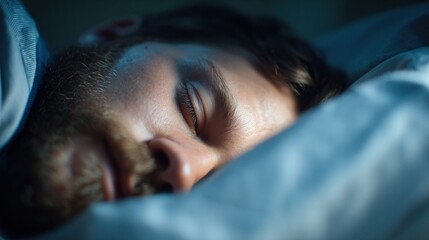 A peaceful man sleeps deeply, showcasing tranquility and serenity in a cozy environment.