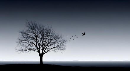Simplified graphic of barren land and single tree silhouette, deep grey tones and empty sky express sadness