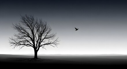 Minimal landscape with lone tree beneath stormy gradient sky, small bird flying into distance adds feeling of loss