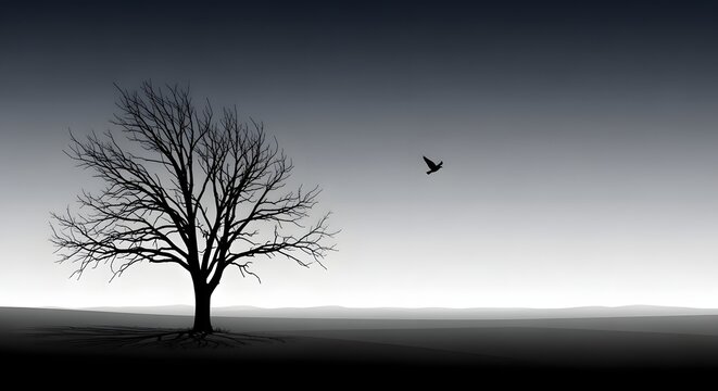 Minimal landscape with lone tree beneath stormy gradient sky, small bird flying into distance adds feeling of loss
