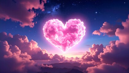 Glowing pink heart-shaped cloud hovers above mountains, framed by sunset skies filled with pink clouds and starlight