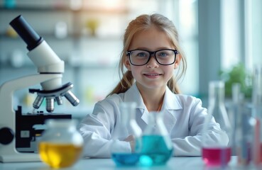 Young girl in glasses and white lab coat sits by microscope and colorful liquids in lab. She smiles, ready for science experiment. Future researcher studies biology in classroom.