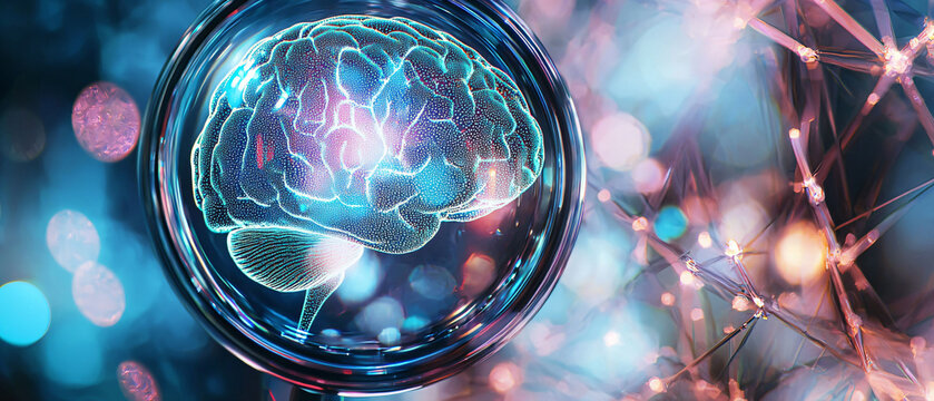 Futuristic Brain Illustration in a Circular Glass Sphere with Lights - Powered by Adobe