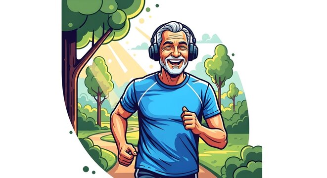 Energetic older man enjoying a run with headphones in a bright outdoor park landscape.