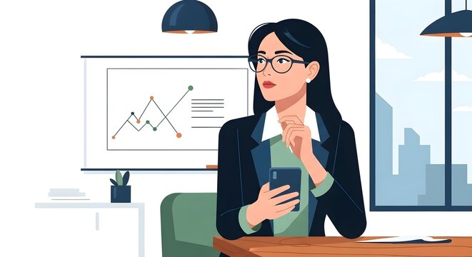 Professional businesswoman holding smartphone, analyzing data on a graph in her office workspace.