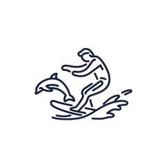 Fototapeta premium Surfer riding wave with dolphin minimalist line art on white background