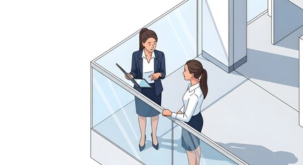 Two businesswomen discuss project details using a digital tablet in an office building.