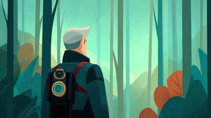 Man hiking in a lush forest