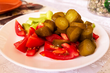 View of fresh pickled vegetables on a plate. Vegetables..
