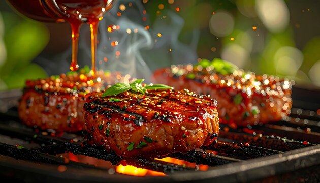 Glazed steak, glistening, is being sauced on the grill with garden backdrop and bokeh