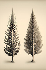 Vintage Pine and Fir Trees – Dark Sepia Botanical Abstraction on Paper